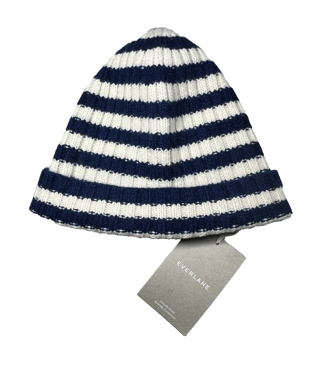 Everlane The Cashmere Beanie Hat OS Adult Navy White Stripe Ribbed